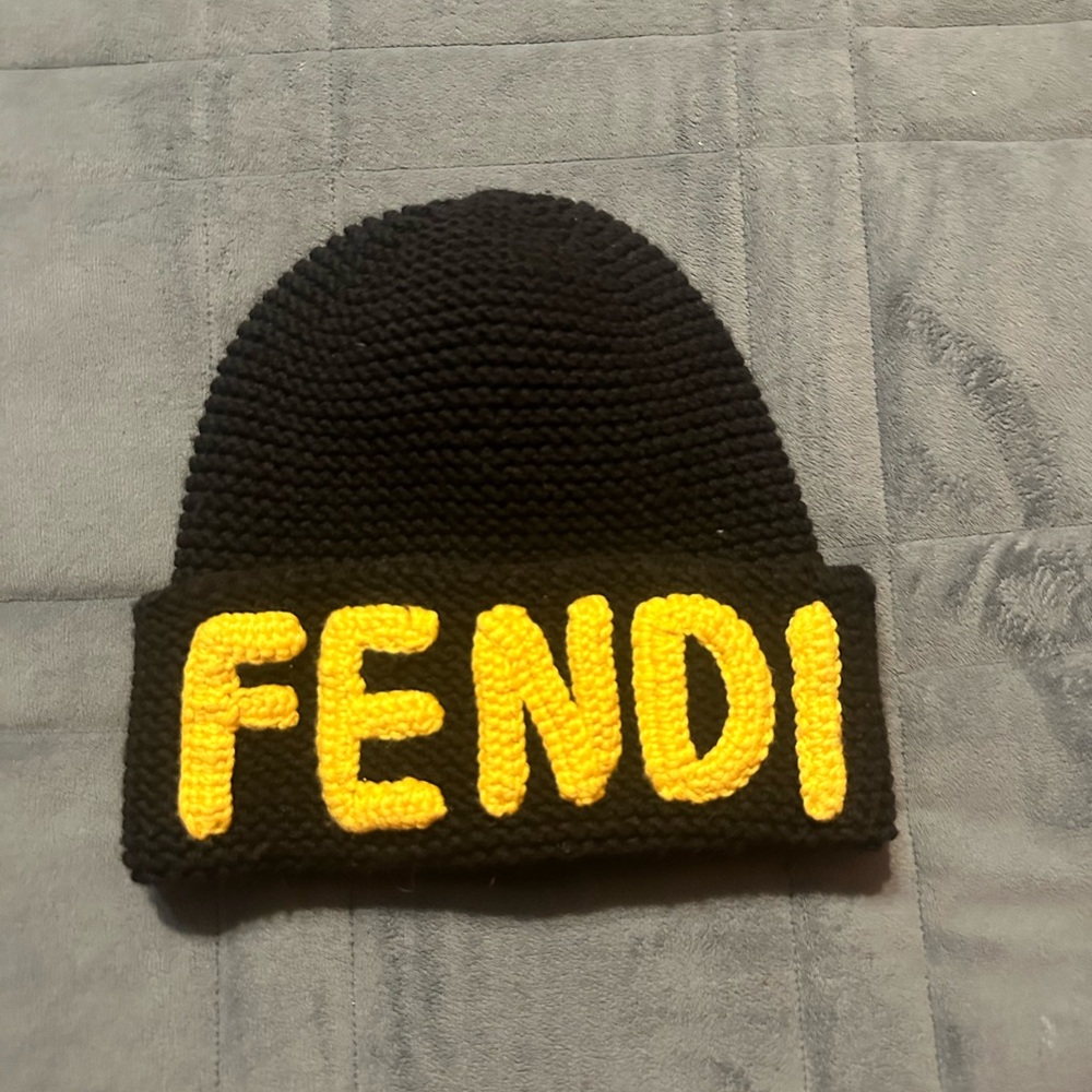 Fendi Black Beanie with Vibrant Yellow Logo